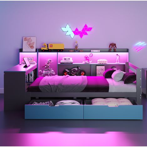 Bett Schlafbett Stauraum 90x200 Holz Schwarz Blau OKMYHOME (1/5)