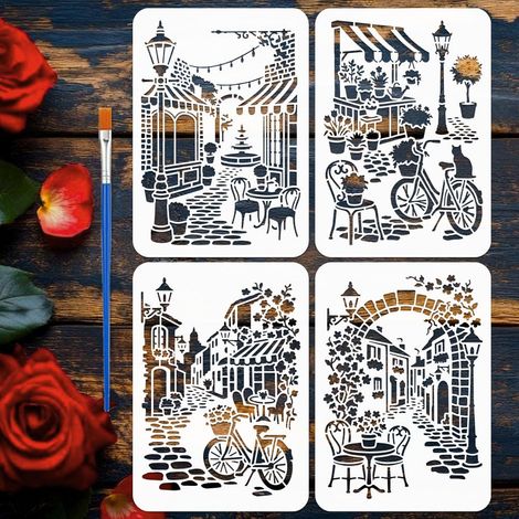 4 Pièces Pochoirs de Vue de Rue avec un Pinceau 21x29,7cm Pochoir de Peinture de Style Urbain Réutilisable Gabarit de Sentier Plastique pour Bois Mur Toile Meuble Décoration Maison (1/5)