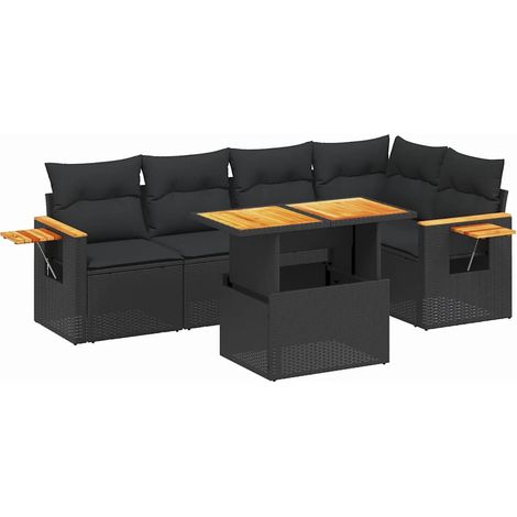 Salon de jardin 6 pcs Mobilier de jardin avec coussins noir résine tressée (1/5)