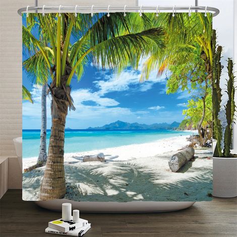 Rideau de douche 3D motif plage, rideau de salle de bain mer Méditerranée, tissu imperméable, dimensions : 180 cm x 240 cm.