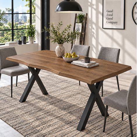 MODFU – Set tavolo 160x78 cm + sedie in MDF/ferro con piano ondulato 28 mm, gambe a X, per 4-6 persone e carico 60 kg – Noce (1/5)