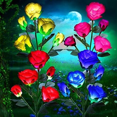 Lampes solaires d'extérieur pour jardin, cadeaux pour femmes. Décorations lumineuses en forme de rose avec 7 couleurs changeantes.-AquaForge (1/4)