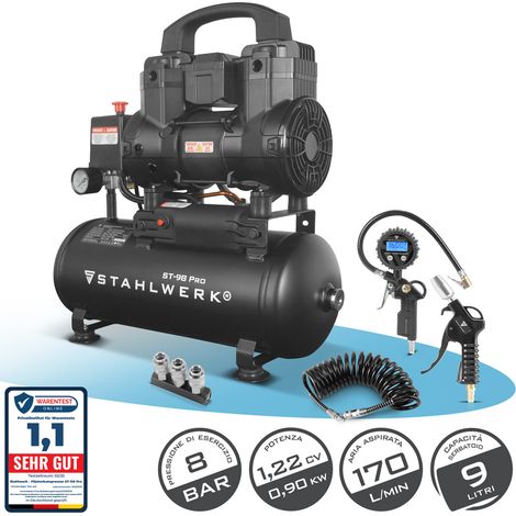 STAHLWERK Compressore con serbatoio da 9 L (ST-98 Pro) completamente equipaggiato - compressore d'aria senza olio e silenzioso, 8 bar con motori brushless, 1,22 CV, 0,9 kW, 170 l/min, compressore whis