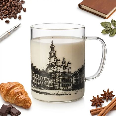 Taza de cristal, ciudad de Poznań, 0,4 L, transparente, con impresión en negro. (1/5)