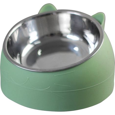 Bac à eau pour animaux en acier inoxydable anti-dérapant, forme amusante de chat vert pour chiens et chats (1/3)