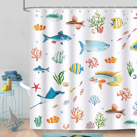 CCYKXA  Tropical Ocean Fish Shower Curtain 180 x 180 cm Children's Bath Curtain, Polyester Fabric, Anti-Mold, Waterproof, Washable Bathroom Curtain with 12 Hooks for Bathtub (1/5)
