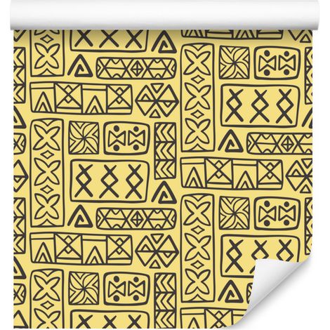 Carta da parati con motivo geometrico polinesiano, giallo, crema e oro, 50x1000 cm (1/5)