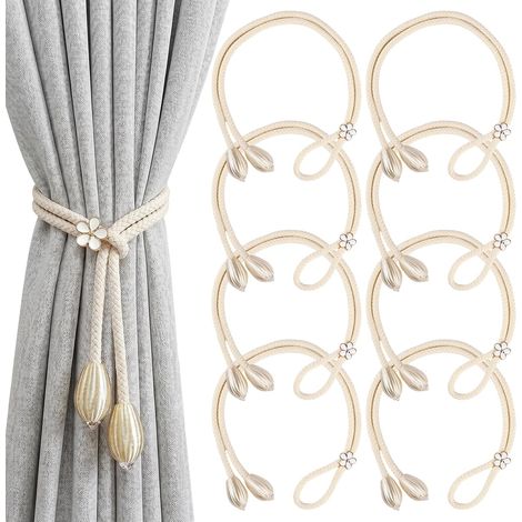 Lot de 8 Embrasse de Rideaux,Décoration de Rideaux pour Maison,Bureau,Hôtel  Cordon a Rideaux,Corde Tressé en Coton Attache avec des Fleurs,avec Boucle Réglable Installation sans Perçage Attache Ridea (1/5)