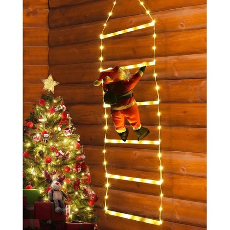 Échelle LED avec le Père Noël, 0.6M，Fonction Mémoire Minuteur, Étanche, pour Decoration Noel Exterieur et Interieur - Blanc Chaud