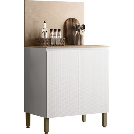 Meuble de Cuisine Bas 2 Portes 2 Niches Blanc et Crédence Marbre L 80 H 91.5 P 53.3 cm