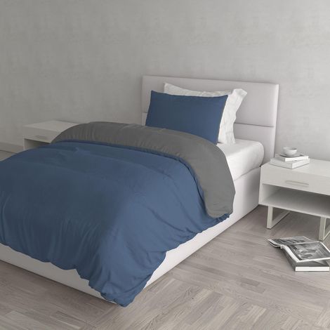 housse de couette double-face couleur unie avec taies d'oreiller, 100 % Coton, Avio/Gris foncé, single (1/5)