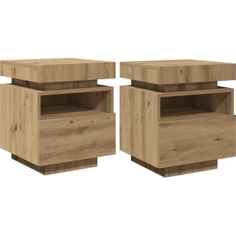 Set de 2 mesitas de noche con iluminación LED almacenamiento práctico 40 x 39 x 48,5 cm madera contrachapada roble artesanal 020051161 (1/5)
