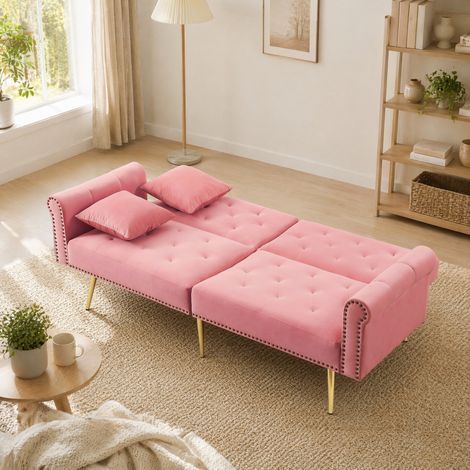 Divano letto a 2 posti 173x75x70 cm, schienale a 3 posizioni, piedini dorati, velluto, rosa (1/5)