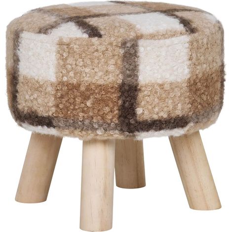 STOOL - Tabouret Bas Tissu Bouclé Imprimé Ecossais Pieds en Pin Naturel (1/4)