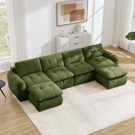 Canapé 4 places modulable en U, en chenille sans cadre, avec 2 ottomanes, assise large capitonnée, mousse haute densité 32D, Vert, 334 x 160 x 68 cm, sans montage, pour salon et appartement