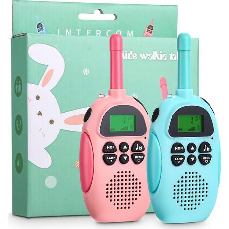 2 Pièces Talkie Walkie Enfants,Talkie Walkie Rechargeable,Exterieur Jouet pour Enfants, 22 Canaux,avec Écran LCD Rétro-Éclairé Fonction VOX,Cadeau pour Filles Garçons de 3 à 12 Ans (Bleu et Rose) (1/4)