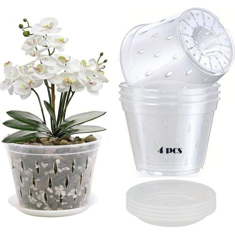 Lot de 4 pots à orchidées (12,5 cm), pots transparents avec trous et soucoupes, pots en plastique transparent respirant pour le rempotage. (1/5)