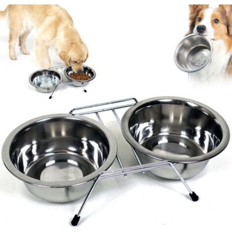 Gamelle Double Pour Chien 16 Cm Avec Support Nourriture Eau Biscuits Acier (1/4)