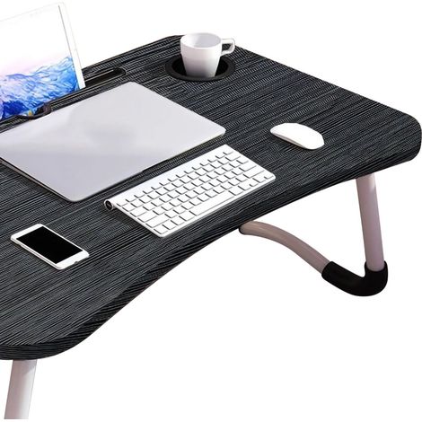 Bureau de lit pour ordinateur portable, table de chevet basse noire pour chambre adulte et enfant, modèle avec porte-gobelet, robuste et grande taille. (1/5)