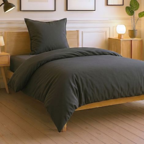 Parure housse de couette 140x200cm + 1 taies 100% coton gris foncé - VITALIA (1/4)