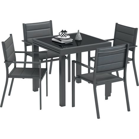 Gartenmöbelset aus Aluminium und Textilene, ausziehbarer Tisch, 4 stapelbare Stühle, 4 Sitzplätze, grau