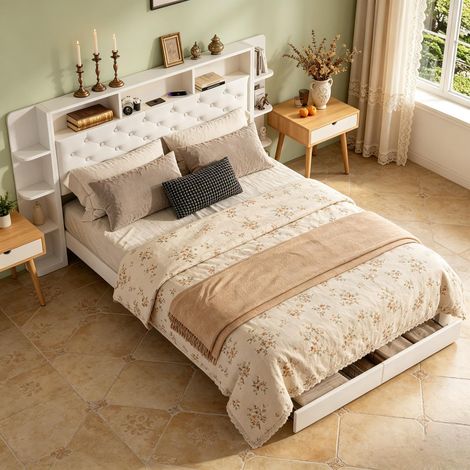 Lit coffre 140x200 cm capitonné velours blanc, 2 tiroirs de rangement, LED, ports USB intégrés (1/5)