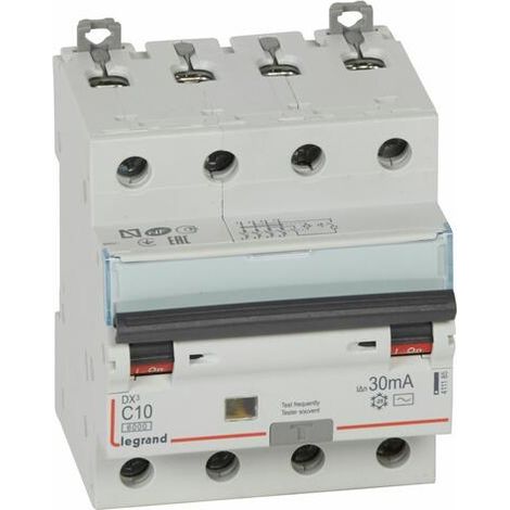 Disjoncteur différentiel monobloc DX³6000 10kA arrivée haute et départ bas à vis 4P 400V - 10A - typeAC 30mA - LEGRAND