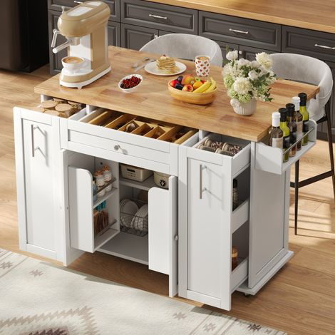 Isola cucina pieghevole 120 x 45(70) x 87 cm, carrello con 3 cassetti, spazio contenitore, ruote con freno, MDF naturale - bianco (1/5)