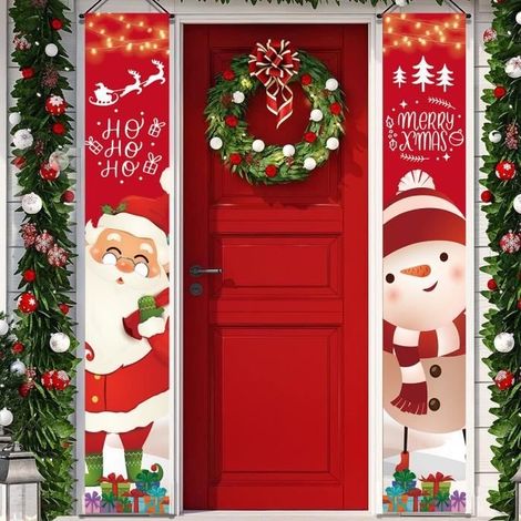 (Rotes) Weihnachtsbanner – Verandadekoration – 2-teilig – Weihnachtsmann- und Schneemannmotiv – Rot – 30 x 180 cm (1/4)