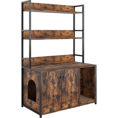 Meuble cache litière pour chat avec étagères de rangement, structure en MDF marron avec portes pour contrôle des odeurs (1/5)
