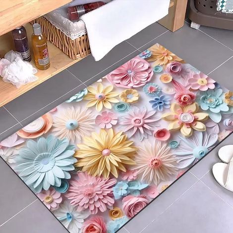 Diatomeenerde-Badematte – Saugfähig, rutschfest und schmutzabweisend, gelbes Chrysanthemen-Muster (60 x 90 cm), ideal für den Badezimmereingang-lsw