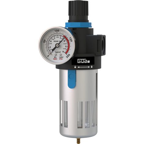 Güde Riduttore di pressione 3/8 (filettatura di collegamento IG 3/8", pressione massima di esercizio 10 bar, per il montaggio su un compressore, regolazione della pressione di lavoro, pulisce e filtra (1/4)