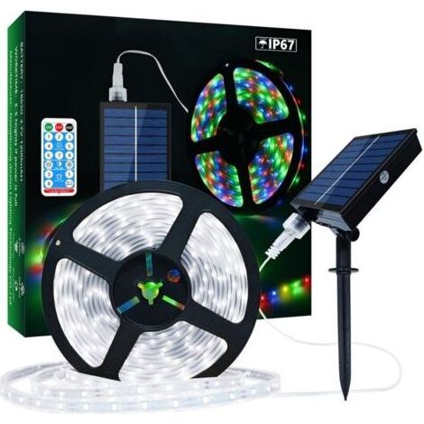 Ruban LED Solaire Extérieur, 5m 280 LEDs Bande LED IP67 Étanche, Lumières LED Blanc Froid avec Télécommande, 8 Modes d'Eclairage 2835 SMD Guirlande Lumineuse pour Arbres de Jardin Noël (1/4)