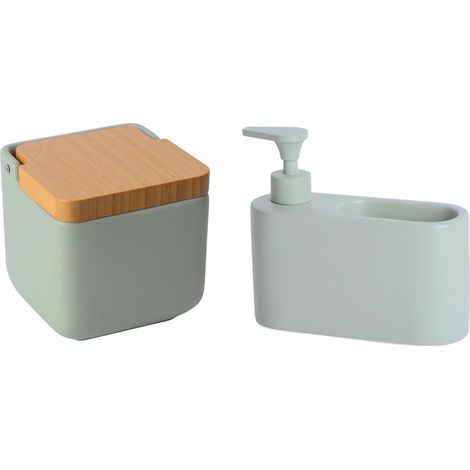 2 - Accessoire de cuisine - Céramique - Distributeur liquide et boîte à sel - Finition mate verte - Bambou - 18x6x15.8cm et 11.5x11.5x11.5cm (1/5)