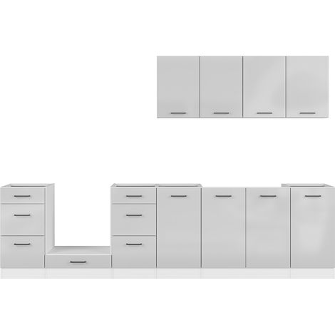 Pegane – Cuisine complète 300 cm – Ensemble de meubles de cuisine gris clair brillant – Armoires basses et hautes – Rangement fonctionnel et organisé (1/5)