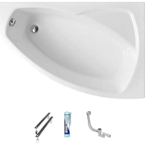 ECOLAM Baignoire d'angle acrylique Frida Polimat 150x100 cm version droite pieds siphon + silicone Baignoire en acrylique blanc (1/5)