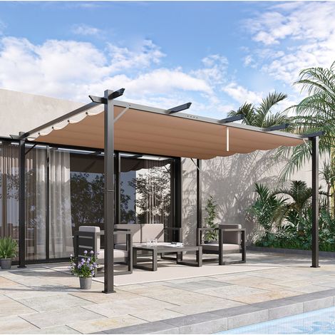 Pérgola de jardín de aluminio gris con techo de tela retráctil, protección UV y resistencia al agua (1/5)