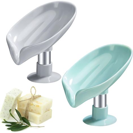 2 Pièces Porte Savon, Boîte à Savon pour Salle de Bains Douche, Porte-Savon à Ventouse, Porte-Savons en Forme de Feuille pour Salle de Bain et Cuisine (Vert et Gris) (1/5)