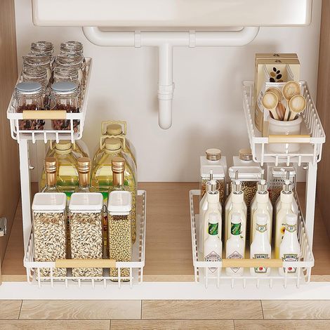 Lot de 2 Rangements sous Evier 2 Niveaux Étagère sous Évier Coulissant avec Hauteur Réglable Porte-épices Métal Tiroir Coulissant pour Cuisine, Salle de Bain, Buanderie (Blanc, 2pack)