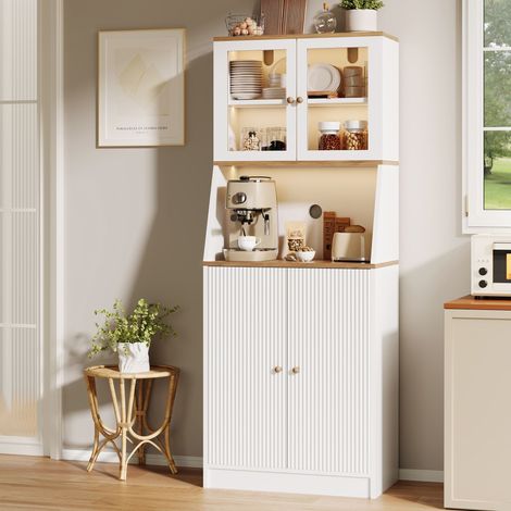 FOERPL-Buffet Haut Cuisine avec LED, Meuble Cuisine Rangement avec Plan de Travail, Armoire de Cuisine avec Étagères Réglables et Placards, Buffet Vitrine, Vaisselier pour Salle à Manger