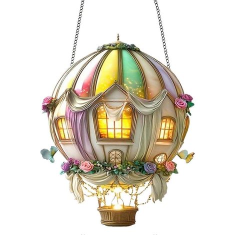 Lampe solaire de jardin en forme de montgolfière, panneau plat en acrylique - Objet décoratif pour le jardin avec des flammes vacillantes. 20 x 16 cm. Suspension. (1/5)