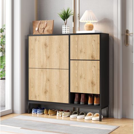 Zapatero con banco, 3 abatibles, 100 x 25 x 100 cm, MDF negro y madera DESVIAE (1/5)