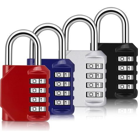 Set of 4 robust metal combination locks for outdoor lockers and suitcases (version B: black, red, silver, blue) (1/5)
