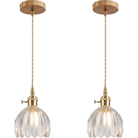 Suspension Vintage en Verre avec Douille E27 et Interrupteur Rotatif, Luminaire Plafonnier avec Abat-Jour en Forme de Pétale pour Cuisine, Salle à Manger ou Chambre (transparent, 2 pièces) (1/5)