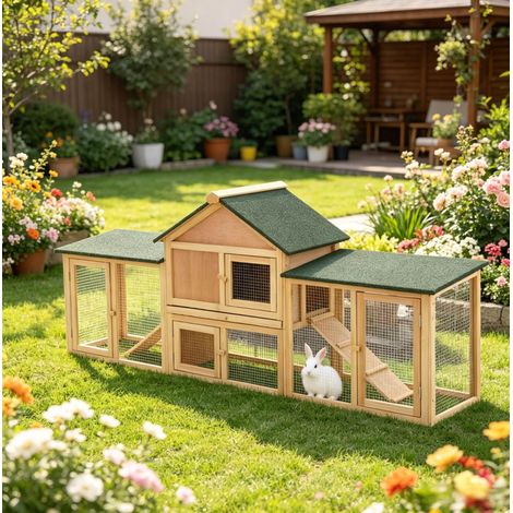 Grande conejera exterior de madera con techo verde y rampa OKWISH (1/5)