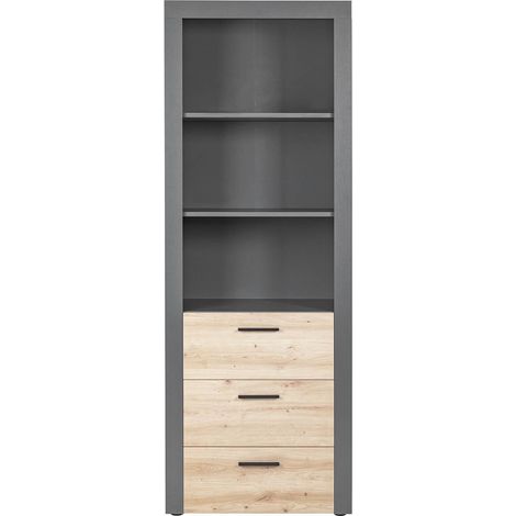 OCTOBER - Etagère 3 Niches 3 Tiroirs Gris et Effet Bois (1/5)