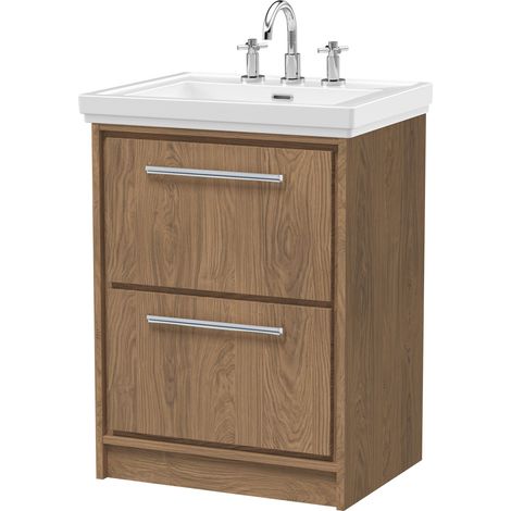 Longnor 2 Drawer Floor Standing Vanity Unit with 3 Tap Hole Traditional Fireclay Basin, Antique Oak, 600mm