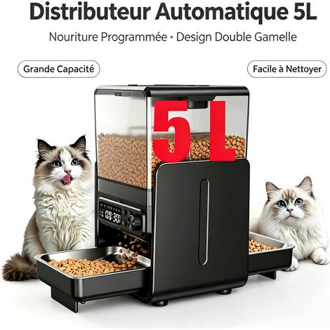 Distributeur de croquettes automatique pour 2 chats – 5L avec 2 gamelles surélevées réglables, programmateur 8 repas et double alimentation anti-panique