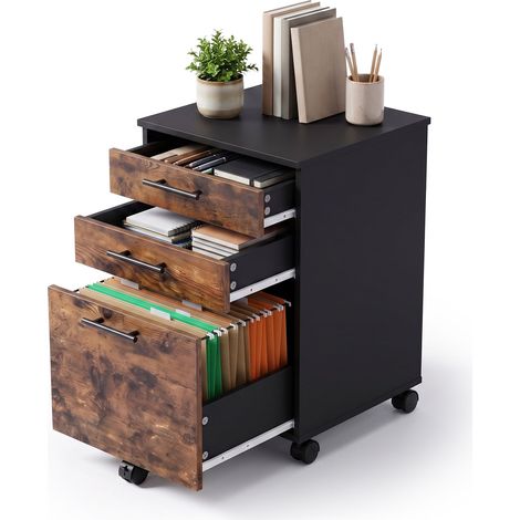 Relaxdays Rollcontainer, 3 Schubladen, HxBxT: 57,5 x 40 x 40 cm, Aktenschrank auf Rollen, Bürocontainer, schwarz/braun (1/5)