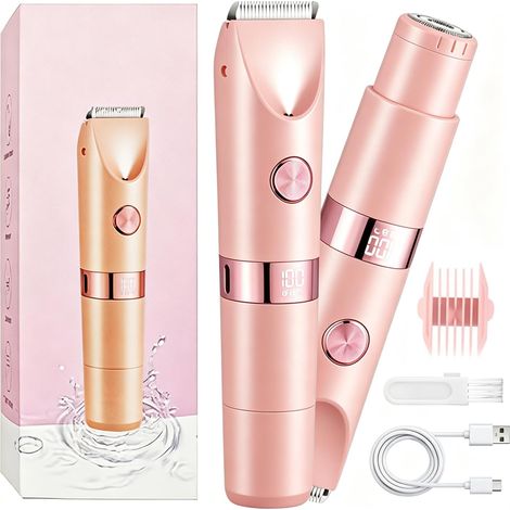 Waterproof Women Shaver, Women Bikini Waterproof 2 in 1 Bikini Trimmer for Women, Intimate Trimmer, 2 in 1 Double Head Rechargeable 2 in 1 Shaver Women Bikini Set for Face, Armpits, Legs (1/5)